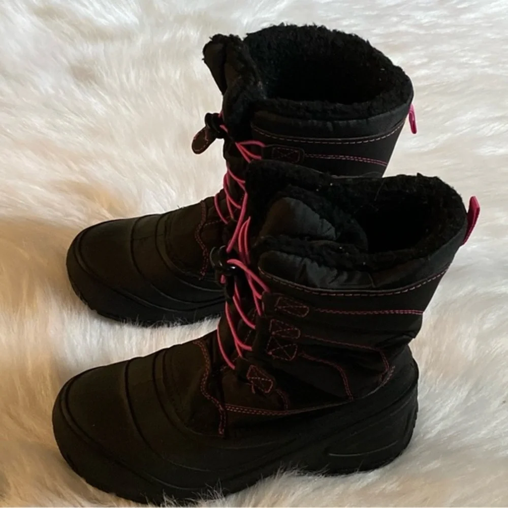 Glacier Boots Big‎ Girls Size 4 Black-Pink Slip On Water Resistant Warm